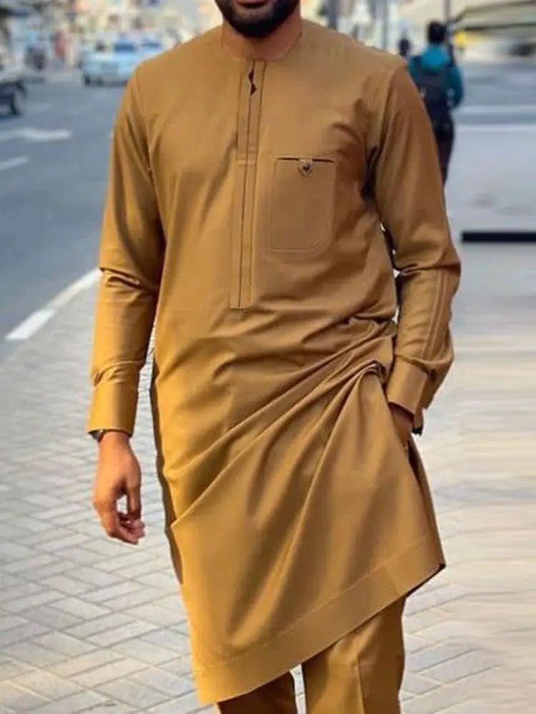 African Youth Brown Stand Collar Dashiki Shirt Suit – Slim Fit Bazin Riche Casual Outfit - Free Delivery Worldwide only at Flexi Africa