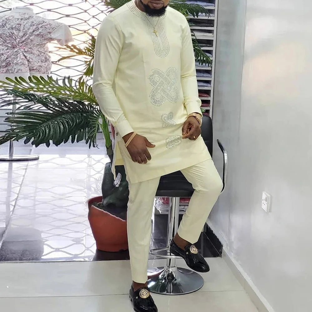 African Youth Brown Stand Collar Dashiki Shirt Suit – Slim Fit Bazin Riche Casual Outfit - Free Delivery Worldwide only at Flexi Africa