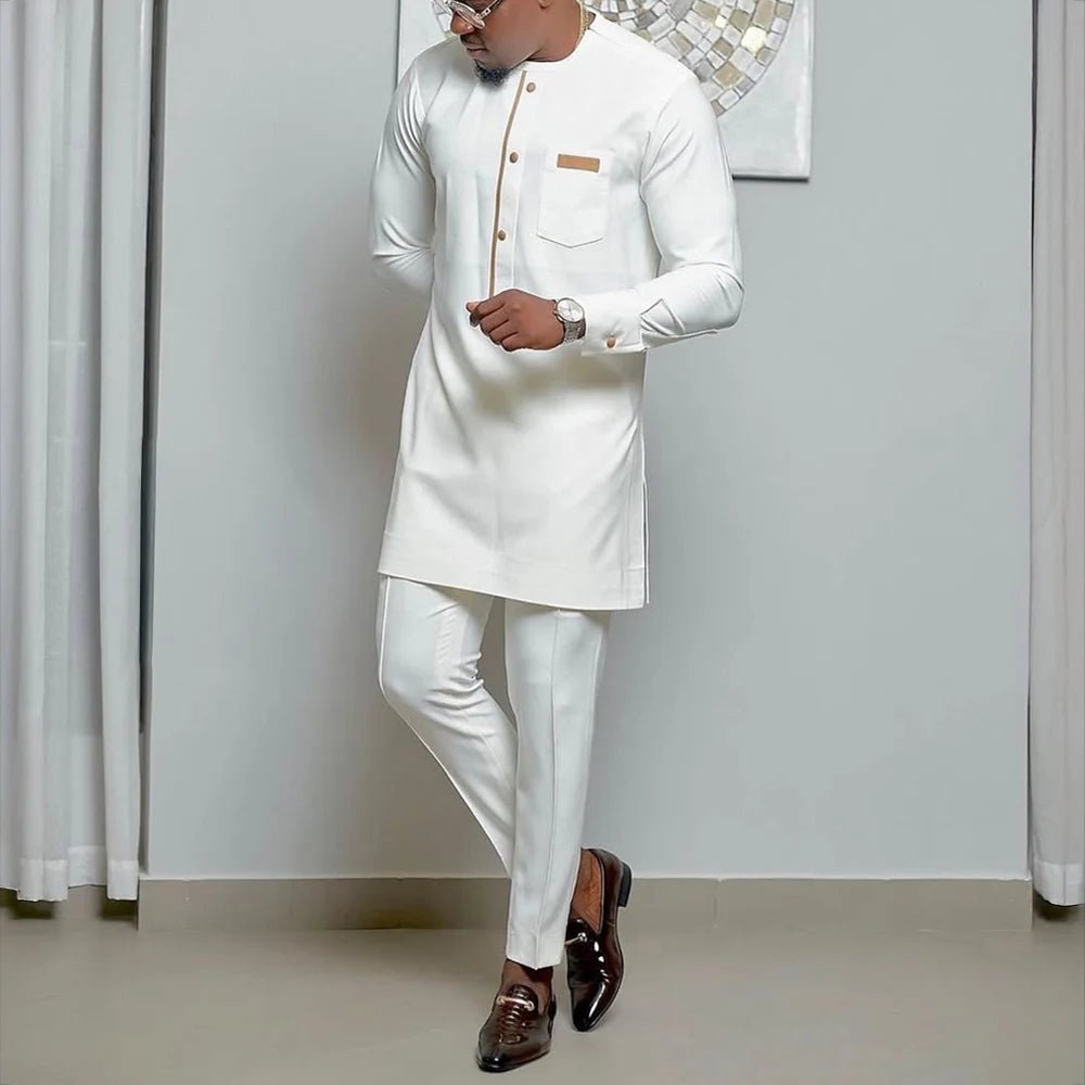 African Youth Brown Stand Collar Dashiki Shirt Suit – Slim Fit Bazin Riche Casual Outfit - Free Delivery Worldwide only at Flexi Africa