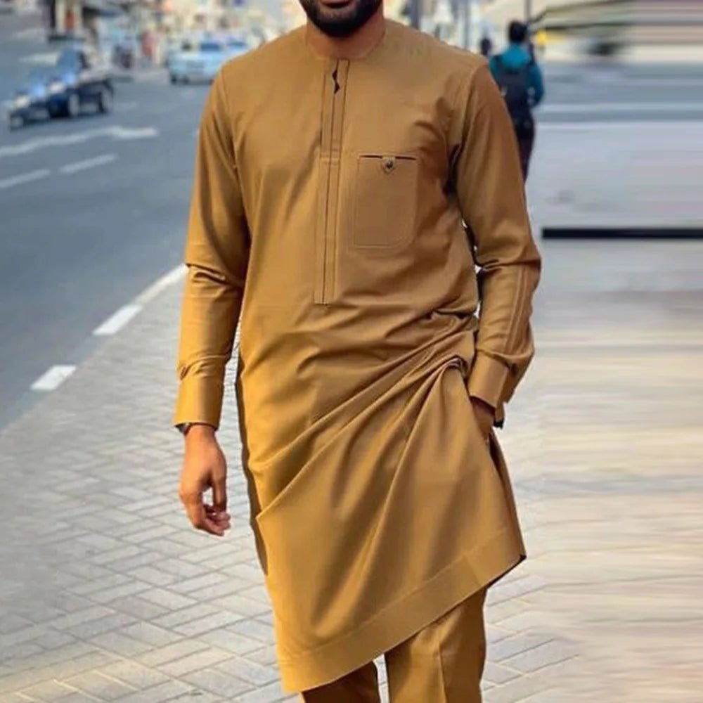 African Youth Brown Stand Collar Dashiki Shirt Suit – Slim Fit Bazin Riche Casual Outfit - Free Delivery Worldwide only at Flexi Africa