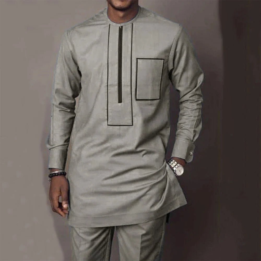 African Youth Brown Stand Collar Dashiki Shirt Suit – Slim Fit Bazin Riche Casual Outfit - Free Delivery Worldwide only at Flexi Africa