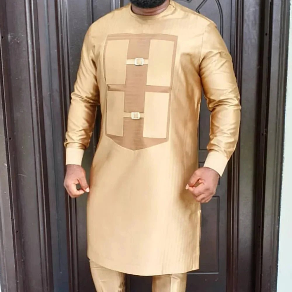 African Youth Brown Stand Collar Dashiki Shirt Suit – Slim Fit Bazin Riche Casual Outfit - Free Delivery Worldwide only at Flexi Africa