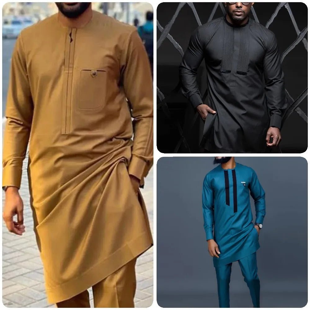 African Youth Brown Stand Collar Dashiki Shirt Suit – Slim Fit Bazin Riche Casual Outfit - Free Delivery Worldwide only at Flexi Africa