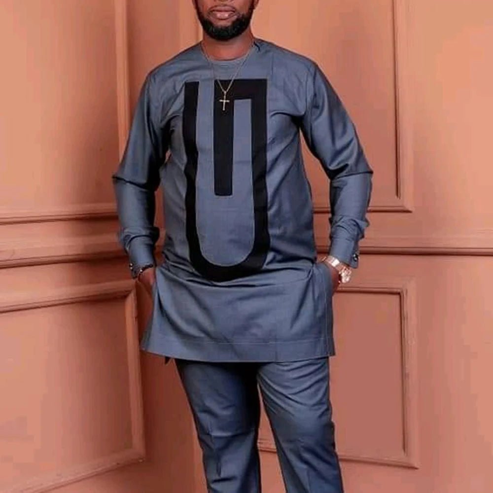 African Youth Brown Stand Collar Dashiki Shirt Suit – Slim Fit Bazin Riche Casual Outfit - Free Delivery Worldwide only at Flexi Africa