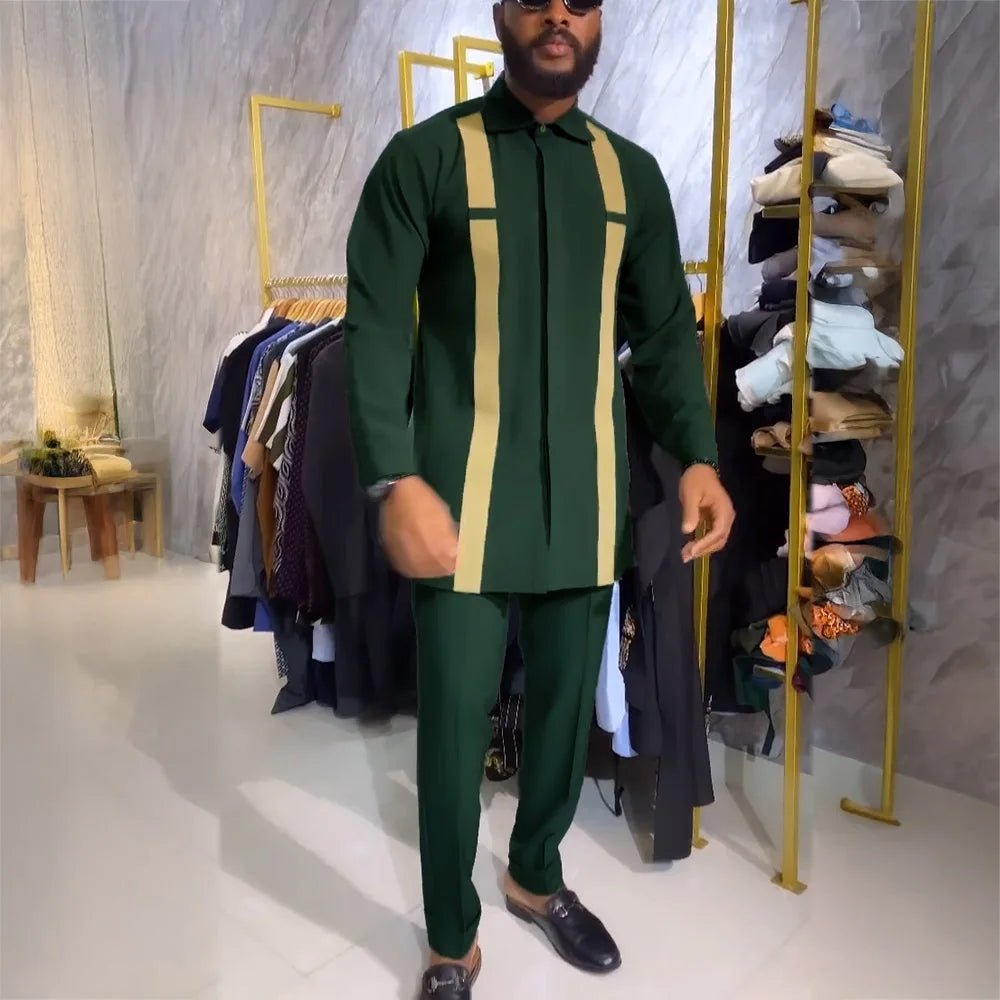 African Youth Brown Stand Collar Dashiki Shirt Suit – Slim Fit Bazin Riche Casual Outfit - Free Delivery Worldwide only at Flexi Africa