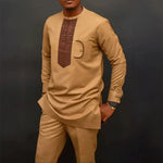 African Youth Brown Stand Collar Dashiki Shirt Suit – Slim Fit Bazin Riche Casual Outfit - Free Delivery Worldwide only at Flexi Africa