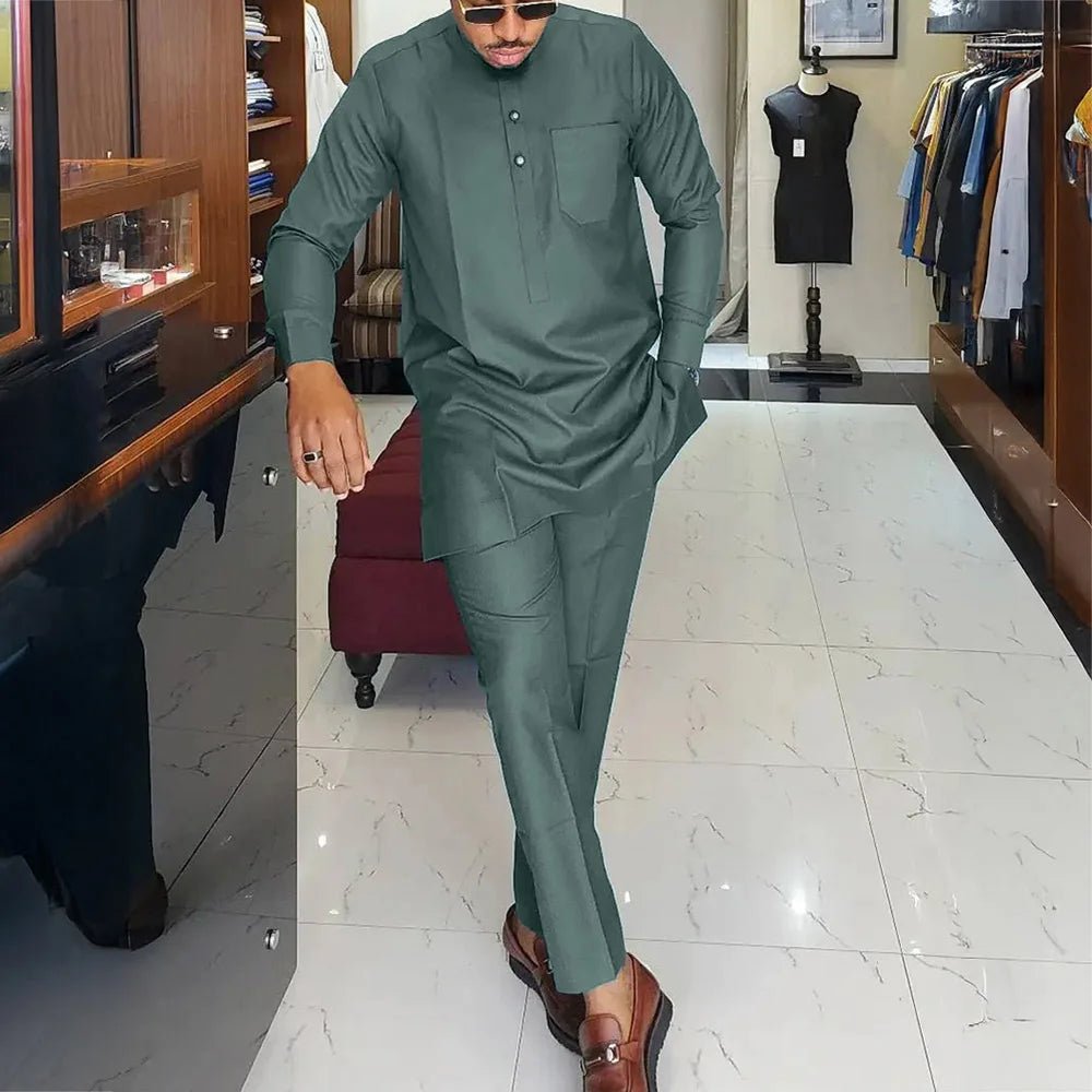 African Youth Brown Stand Collar Dashiki Shirt Suit – Slim Fit Bazin Riche Casual Outfit - Free Delivery Worldwide only at Flexi Africa