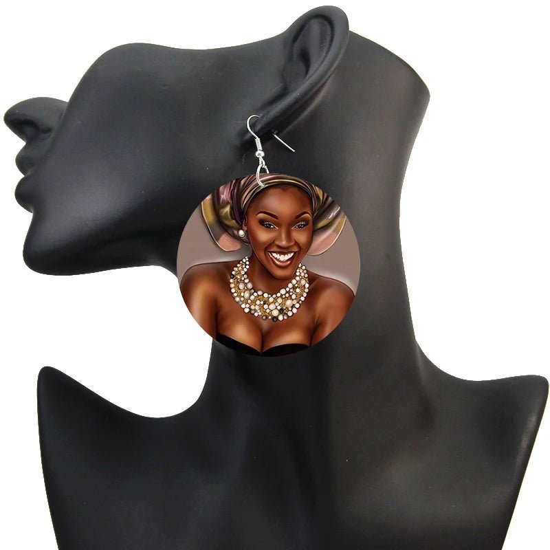 Afro Natural Hair Painted Wood Drop Earrings Lovely Baby Headwrap Woman African Queen Black Soul Art Printable Jewelry