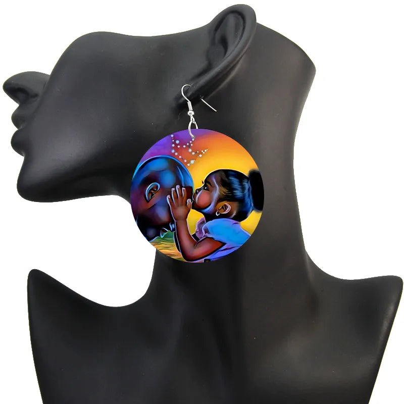 Afro Natural Hair Painted Wood Drop Earrings Lovely Baby Headwrap Woman African Queen Black Soul Art Printable Jewelry - Flexi Africa - Flexi Africa offers Free Delivery Worldwide - Vibrant African traditional clothing showcasing bold prints and intricate designs