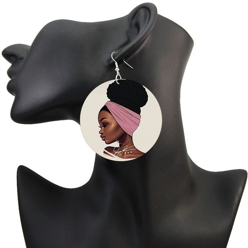 Afro Natural Hair Painted Wood Drop Earrings Lovely Baby Headwrap Woman African Queen Black Soul Art Printable Jewelry