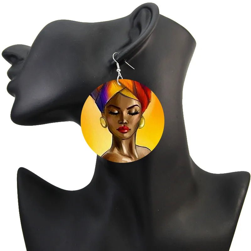 Afro Natural Hair Painted Wood Drop Earrings Lovely Baby Headwrap Woman African Queen Black Soul Art Printable Jewelry - Flexi Africa - Flexi Africa offers Free Delivery Worldwide - Vibrant African traditional clothing showcasing bold prints and intricate designs