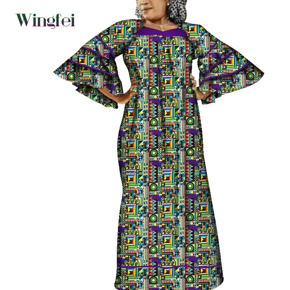 Ankara Fashion Robe Africaine Floral Print African Clothing Maxi Long Bell Sleeves Dashiki African Dresses for Women WY3937 - Free Delivery Worldwide only at Flexi Africa