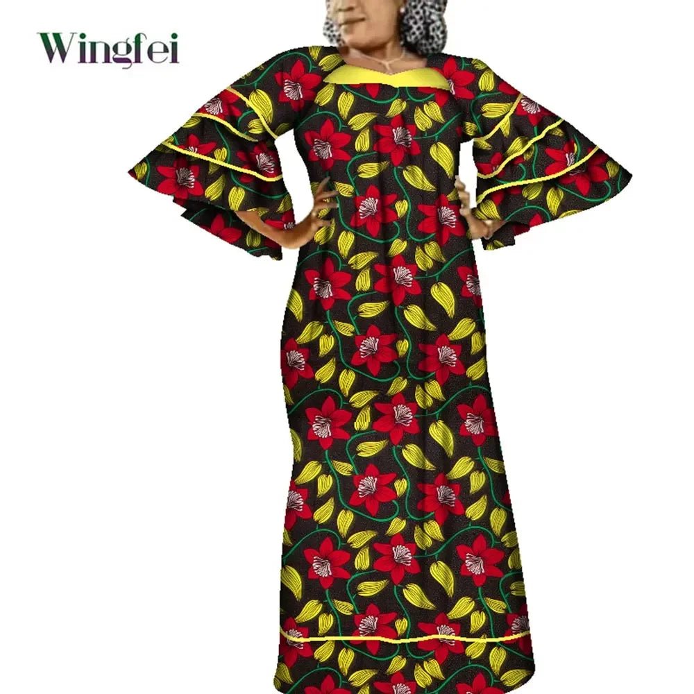 Ankara Fashion Robe Africaine Floral Print African Clothing Maxi Long Bell Sleeves Dashiki African Dresses for Women WY3937 - Free Delivery Worldwide only at Flexi Africa
