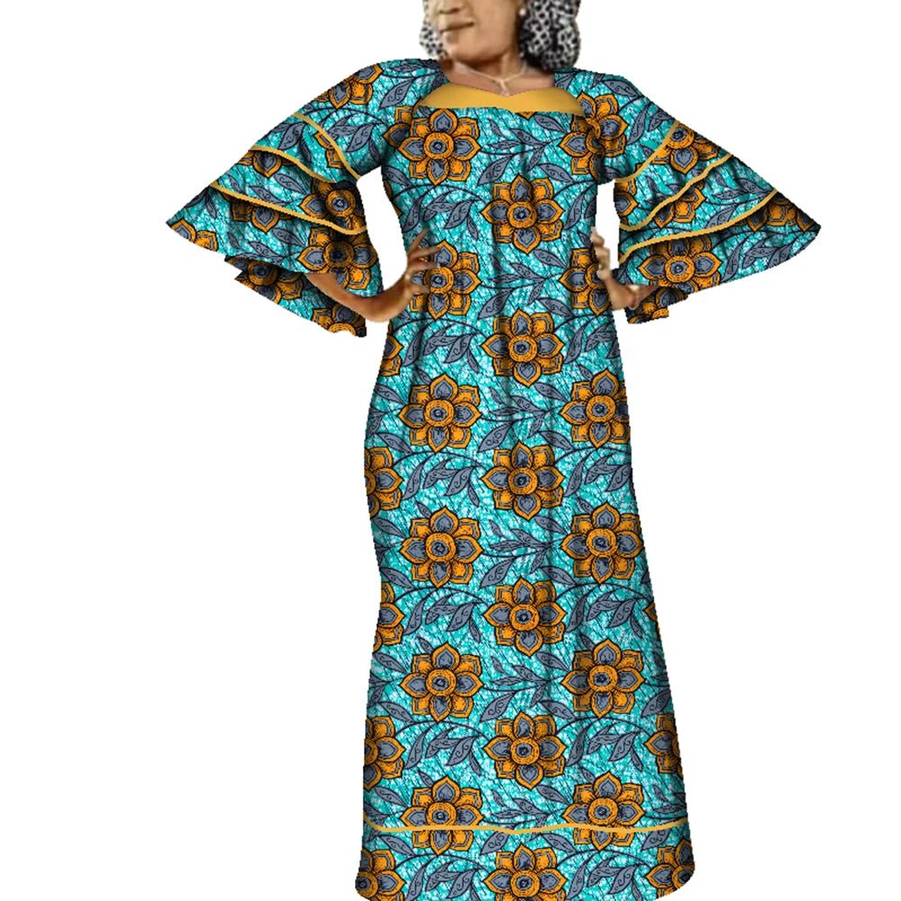 Ankara Fashion Robe Africaine Floral Print African Clothing Maxi Long Bell Sleeves Dashiki African Dresses for Women WY3937 - Free Delivery Worldwide only at Flexi Africa
