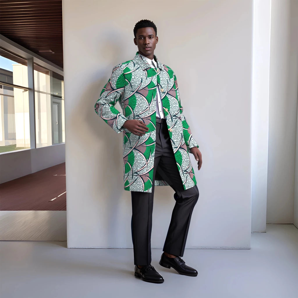 Ankara Long Blazer for Men – Bold Geometric Floral African Coat - Free Delivery Worldwide only at Flexi Africa