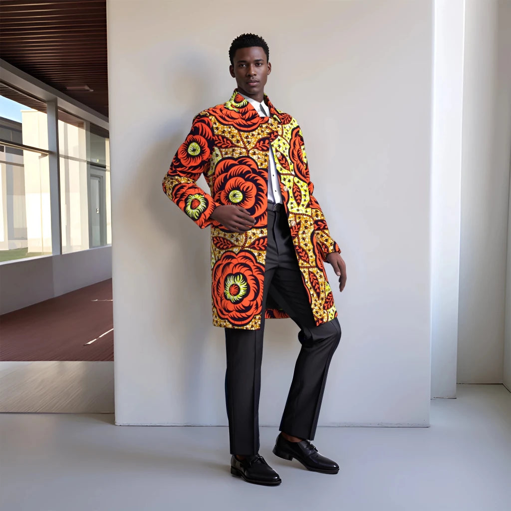 Ankara Long Blazer for Men – Bold Geometric Floral African Coat - Free Delivery Worldwide only at Flexi Africa