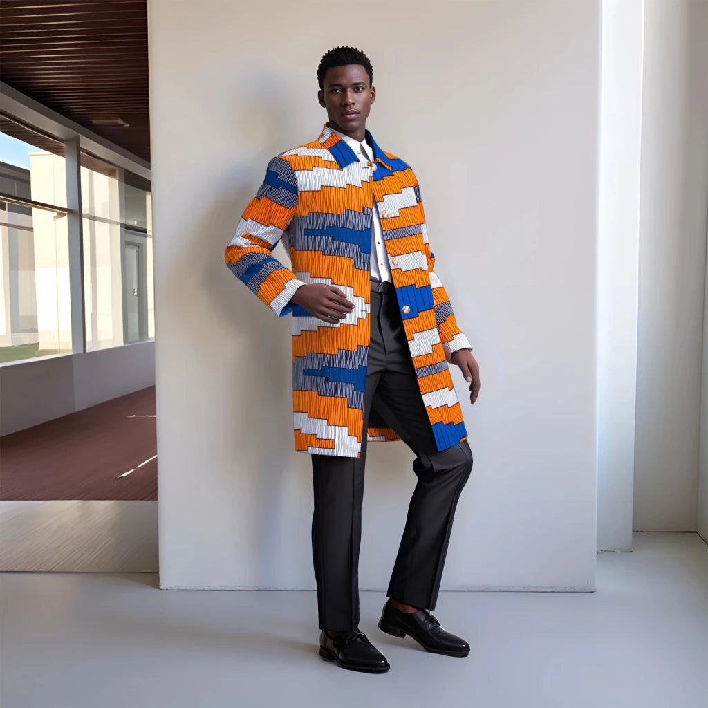 Ankara Long Blazer for Men – Bold Geometric Floral African Coat - Free Delivery Worldwide only at Flexi Africa