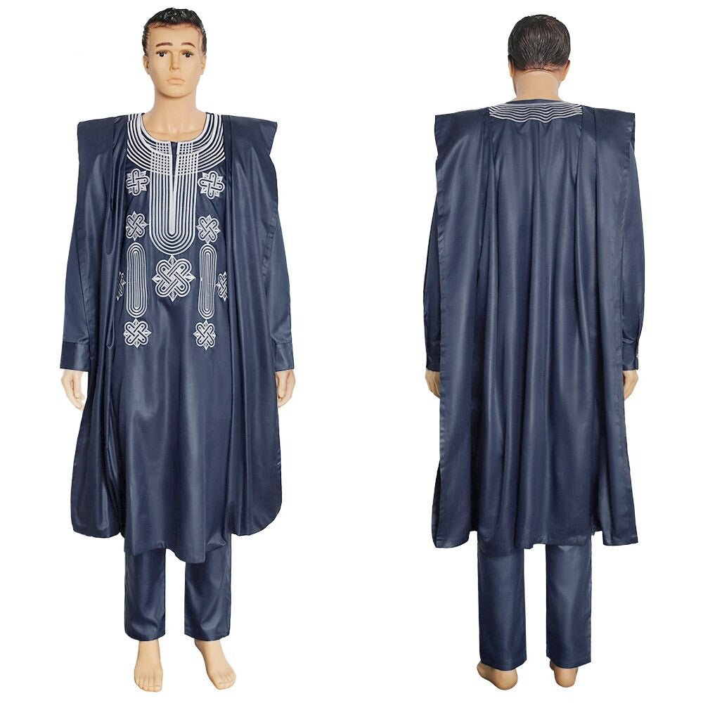 Authentic African Style: Men's Embroidered Agbada Suit Set with Traditional Robes, Long Sleeve Shirt, and Pants - Flexi Africa - Flexi Africa offers Free Delivery Worldwide - Vibrant African traditional clothing showcasing bold prints and intricate designs