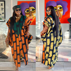 Autumn Inspired African Maxi Dress: Short Sleeve, V - neck, Polyester Printing - Sizes S - 3XL - Flexi Africa - Free Delivery Worldwide only at www.flexiafrica.com