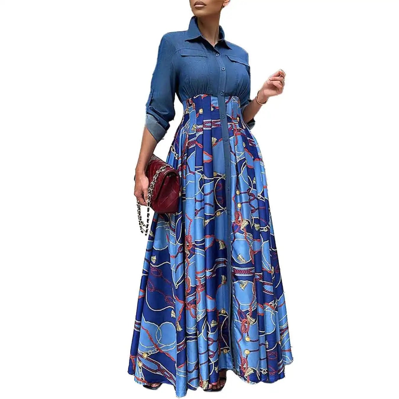 Autumn Winter African Dresses Women Long Sleeve Printing Polyester Red Blue Long Dress Maxi Clothes - Flexi Africa - Free Delivery Worldwide only at www.flexiafrica.com