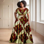 Batik Dress for Women – Short Sleeve Gold Stamped Design with Belt - Free Delivery Worldwide only at Flexi Africa