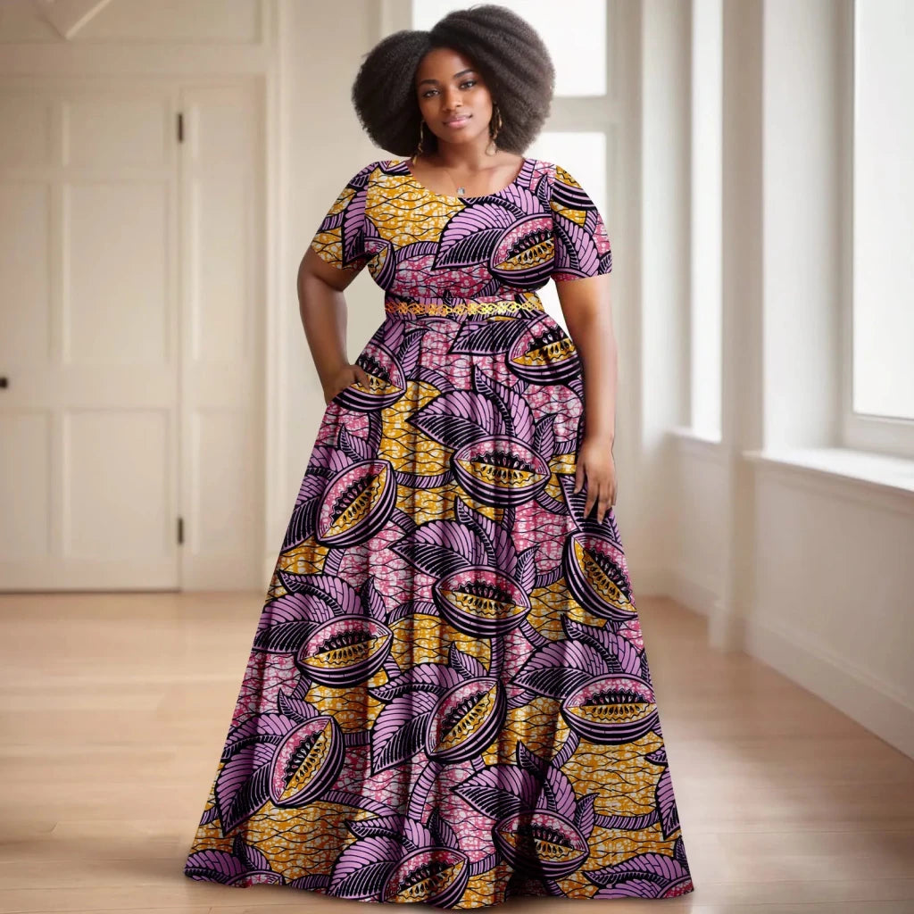 Batik Dress – Short Sleeve Gold Stamped Design with Belt