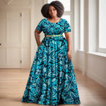 Batik Dress for Women – Short Sleeve Gold Stamped Design with Belt - Free Delivery Worldwide only at Flexi Africa