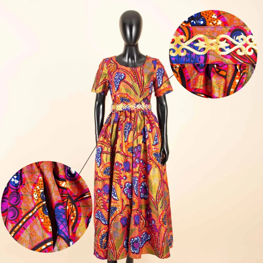 Batik Dress for Women – Short Sleeve Gold Stamped Design with Belt - Free Delivery Worldwide only at Flexi Africa