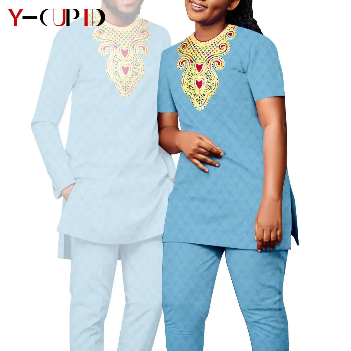 Bazin Riche Couple Outfit – Women’s Jacquard Top & Pants Set with Matching Men’s Kaftan Party Wear - Free Delivery Worldwide only at Flexi Africa