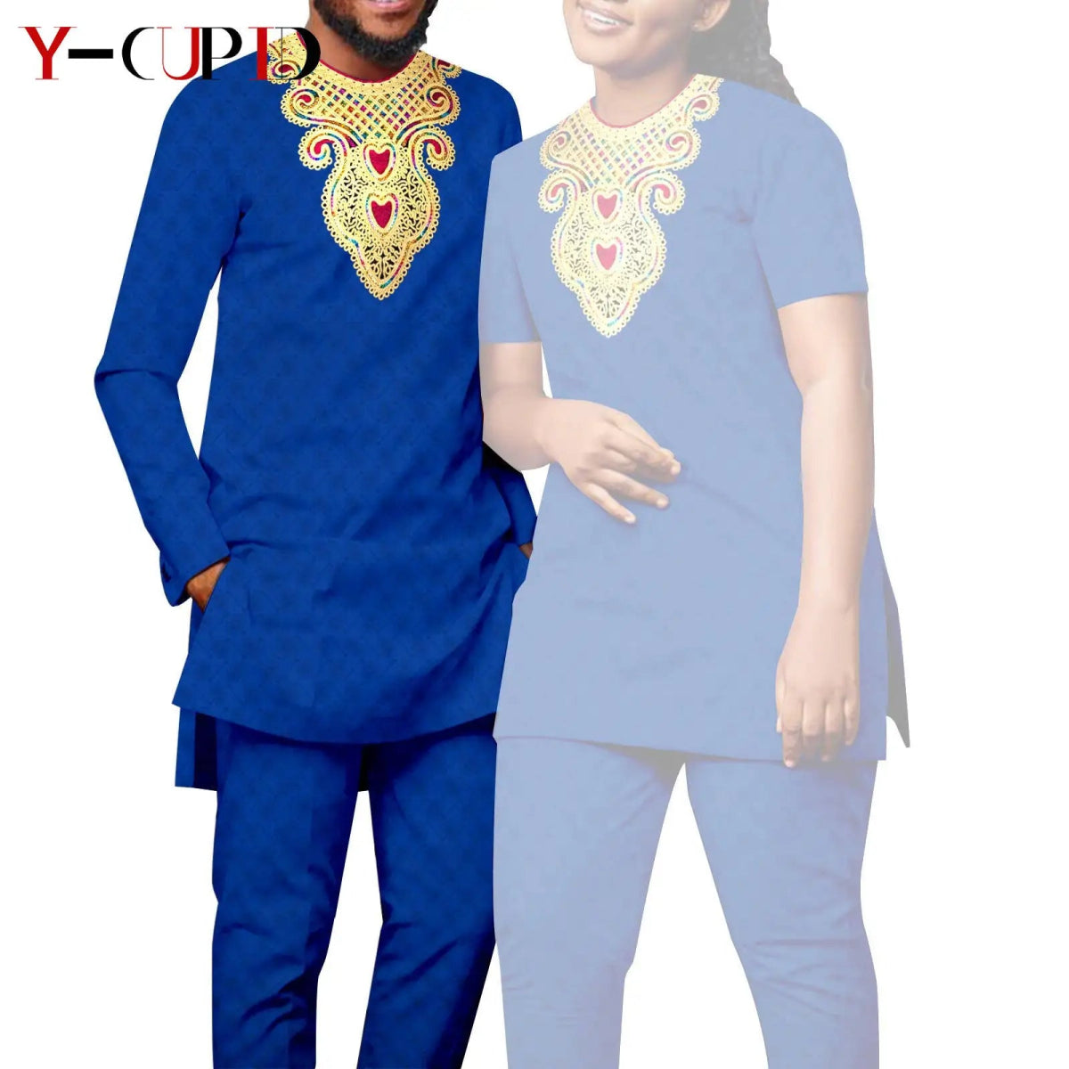 Bazin Riche Couple Outfit – Women’s Jacquard Top & Pants Set with Matching Men’s Kaftan Party Wear - Free Delivery Worldwide only at Flexi Africa