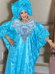 Blue Bazin Riche Long Dresses For African Women Traditional Wedding Party Clothing 2024 Top Quality Bazin Riche Original Dresses - Free Delivery Worldwide only at Flexi Africa
