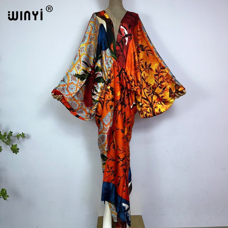 Bohemian Elegance: Silk Rayon Maxi Beach Dress with Hand-Rolled Feel - Flexi Africa - Flexi Africa offers Free Delivery Worldwide - Vibrant African traditional clothing showcasing bold prints and intricate designs