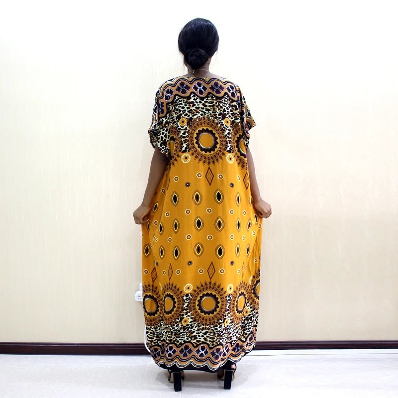Bohemian Traditional Print Loose African Autumn Fashion Women's Dress with Scarf - Flexi Africa - Free Delivery Worldwide only at www.flexiafrica.com
