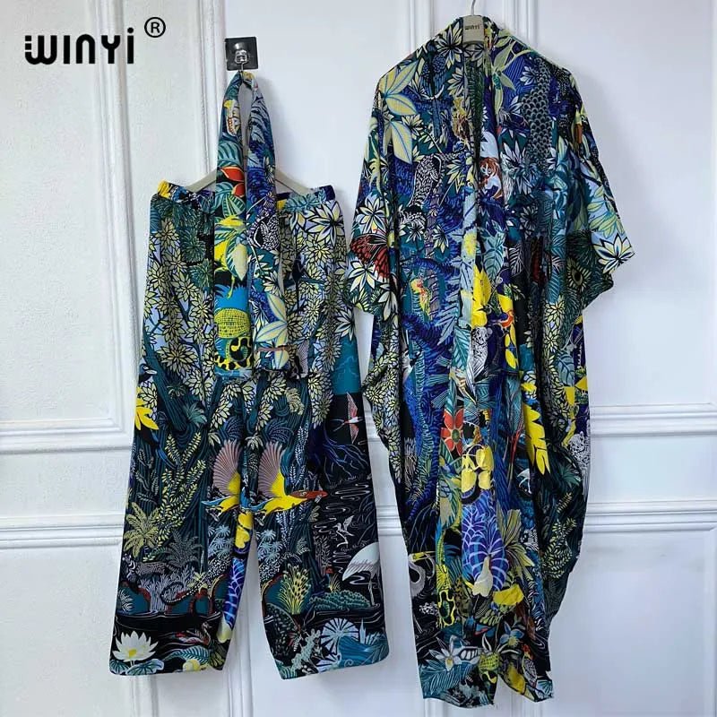 Boho Chic 2PC Set: Summer Printed Kimono with Long Cardigan, Blouse, and Wide - Leg Pants - Flexi Africa - Free Delivery Worldwide only at www.flexiafrica.com