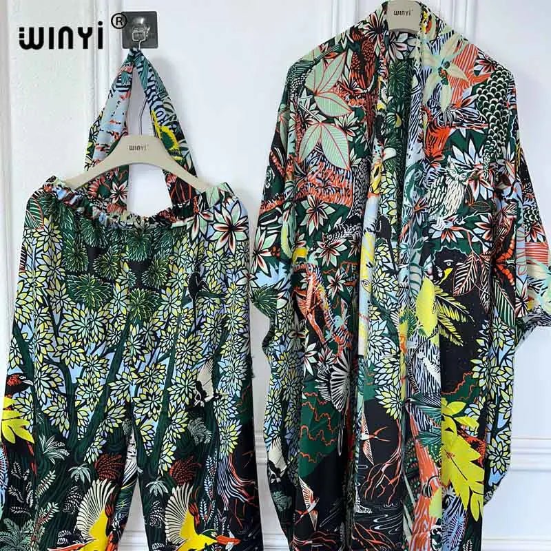 Boho Chic 2PC Set: Summer Printed Kimono with Long Cardigan, Blouse, and Wide - Leg Pants - Flexi Africa - Free Delivery Worldwide only at www.flexiafrica.com