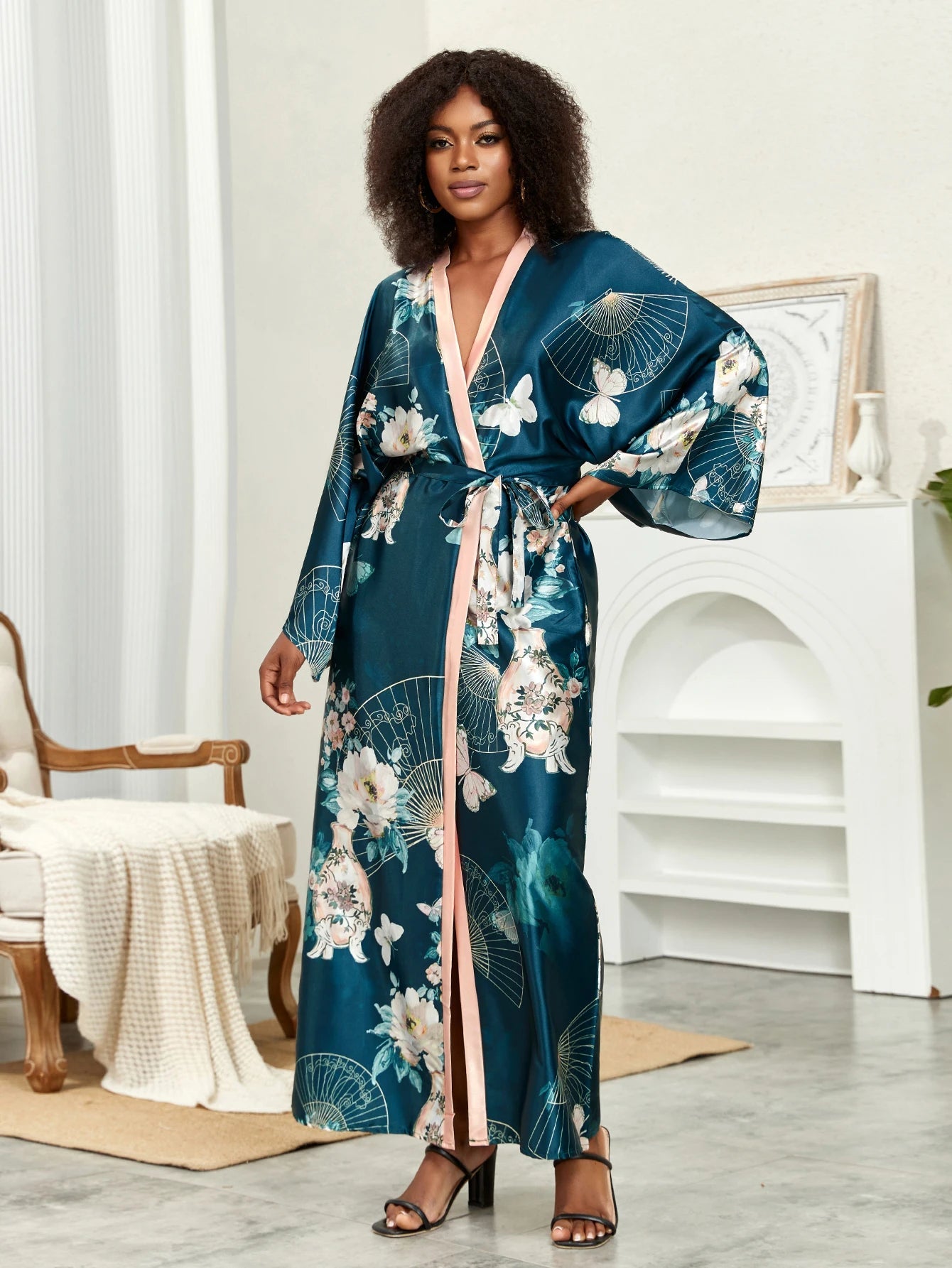 Boho Chic: Plus Size Lotus Print Kimono Cover Up with Open Front and Belt - Flexi Africa - Free Delivery Worldwide only at www.flexiafrica.com
