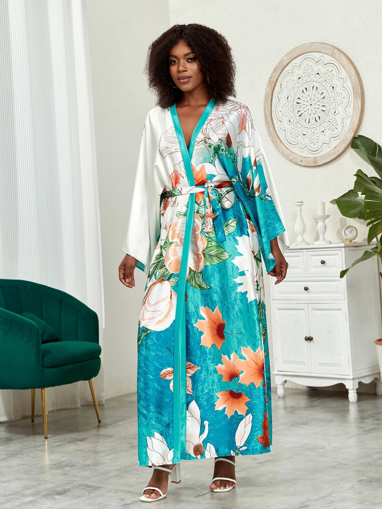 Boho Chic: Plus Size Lotus Print Kimono Cover Up with Open Front and Belt - Flexi Africa - Free Delivery Worldwide only at www.flexiafrica.com