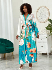 Boho Chic: Plus Size Lotus Print Kimono Cover Up with Open Front and Belt - Free Delivery Worldwide only at Flexi Africa