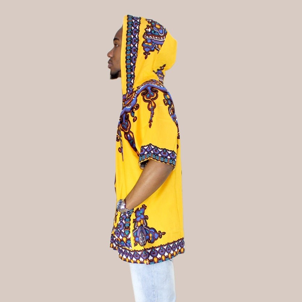 Bold African Street Style: Men's Dashiki Fabric Elongated Hoodie for Hip Hop and Hipster Fashion - Flexi Africa Free Delivery