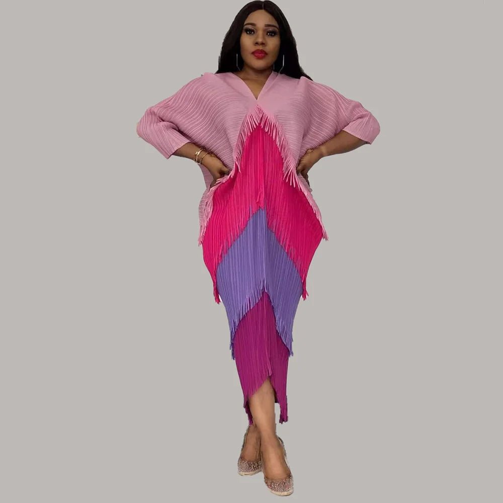 Chic African Dashiki Maxi Dress with Pleats and Tassels - Women's Kaftan Robe Fashion - Flexi Africa - Flexi Africa offers Free Delivery Worldwide - Vibrant African traditional clothing showcasing bold prints and intricate designs
