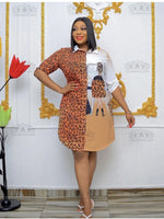 Chic African Leopard Grain Shirt Collar Dress – Mid - Length Elegant Women’s Dress - Free Delivery Worldwide only at Flexi Africa