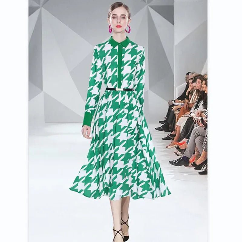 Chic Black/Green Houndstooth Maxi Dress: Elegant Lapel, Long Sleeve, Elastic Waist Design for Women - Flexi Africa - Free Delivery Worldwide only at www.flexiafrica.com