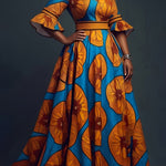 Chic V - Neck Printed Dress – Flare Sleeves & Slim - Fit Zipper Waist - Free Delivery Worldwide only at Flexi Africa