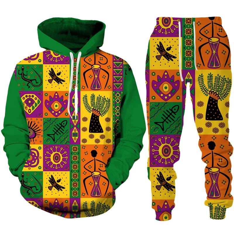 Colorful African Folk Print Unisex Tracksuit Set – 2PC Hoodie and Pants Ethnic Sportswear - Free Delivery Worldwide only at Flexi Africa