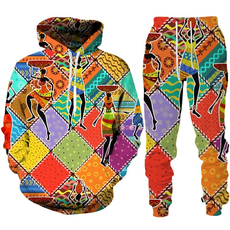 Colorful African Folk Print Unisex Tracksuit Set – 2PC Hoodie and Pants Ethnic Sportswear - Free Delivery Worldwide only at Flexi Africa
