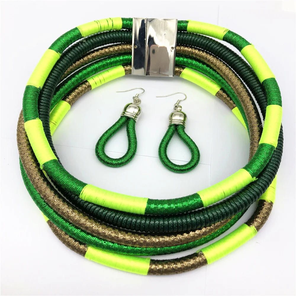 Colorful Rope Weave African Necklaces: Multilayer Tribal Choker Earrings Set - Flexi Africa Free Delivery www.flexiafrica.com