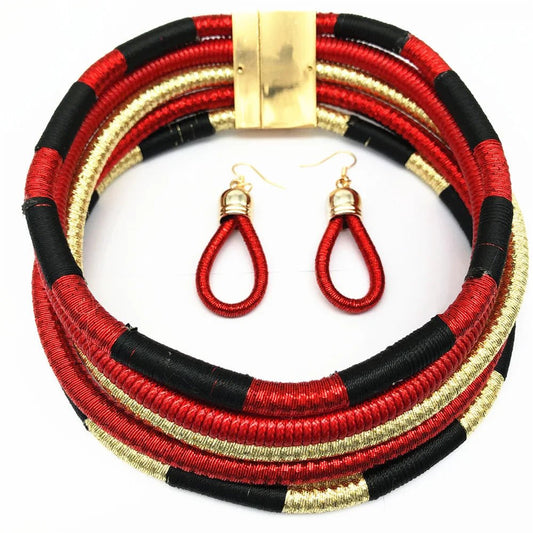 Colorful Rope Weave African Necklaces: Multilayer Tribal Choker Earrings Set - Flexi Africa Free Delivery www.flexiafrica.com