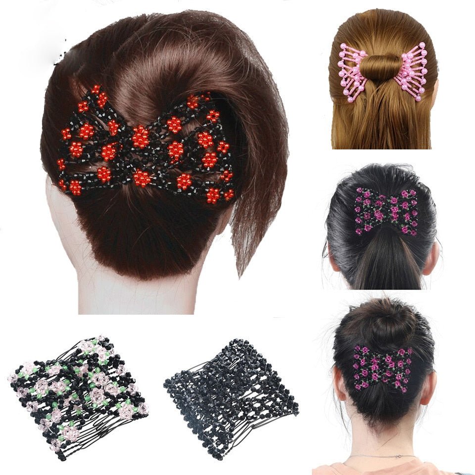 Comb Clip for Women Beaded Flower Barrette Hairpin Elastic Double Combs Clips Hair Accessories - Flexi Africa - Free Delivery