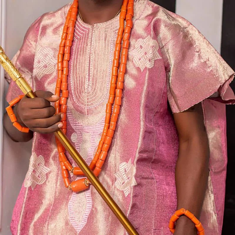 Coral Bead Jewelry Sets for Nigerian Weddings – Exquisite Necklace and Bracelet Ensemble for the Groom - Flexi Africa - Flexi Africa offers Free Delivery Worldwide - Vibrant African traditional clothing showcasing bold prints and intricate designs