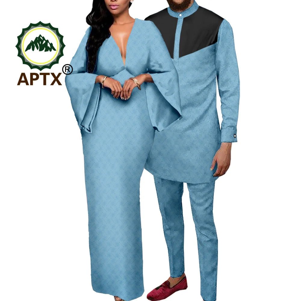 Dashiki African Couple Clothing – Sexy V - Neck Women’s Prom Dress with Matching Men’s Shirt & Pants Set - Free Delivery Worldwide only at Flexi Africa
